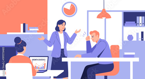 Business meeting in progress with colleagues discussing around a table in a modern office environment from a slightly elevated viewpoint