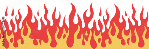 Bright Cartoon Flames Seamless Horizontal Fire Band, Vibrant Shades Of Orange Red And Yellow Blaze Pattern, Decorative Background For Web And Print Design, Fantasy Game UI Element, High Energy Vector 