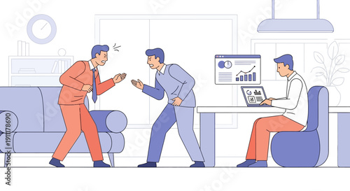 Three men arguing in a modern office space with a worker on laptop