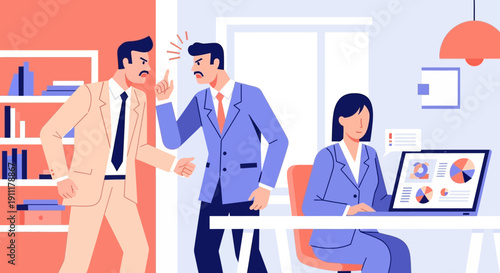 Business professionals engaged in a heated discussion near a colleague working on a laptop in a modern office environment