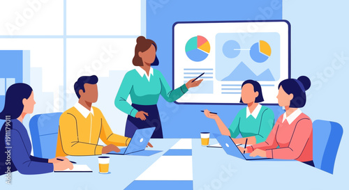 Business team discussing financial reports and graphs in a modern office setting with laptops and data visualizations