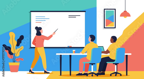 Woman presenting to colleagues in a modern office setting with a whiteboard and plants