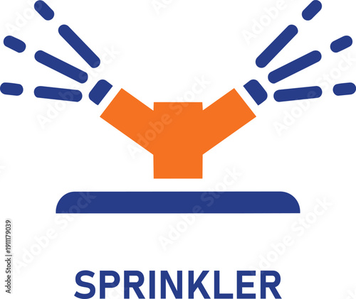 A vibrant orange and blue sprinkler head illustration with water spray on a white background for irrigation and gardening concepts