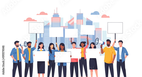 Diverse group of people holding signs in front of a cityscape illustration
