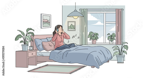 Woman relaxing on bed surrounded by plants in a serene indoor setting with a window view