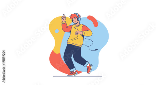 Man dancing with headphones in vibrant illustration style