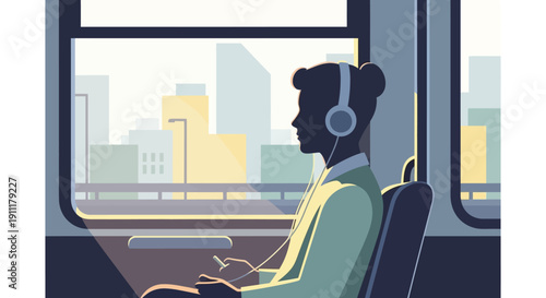 Man wearing headphones working on laptop on train passing through cityscape view