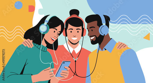Three friends enjoying music together with headphones and smartphone