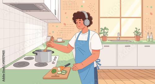 A woman wearing headphones and an apron cooking in a modern kitchen with vegetables on a chopping board