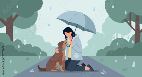 Woman sitting on a rainy path with her dog under an umbrella in a serene outdoor setting