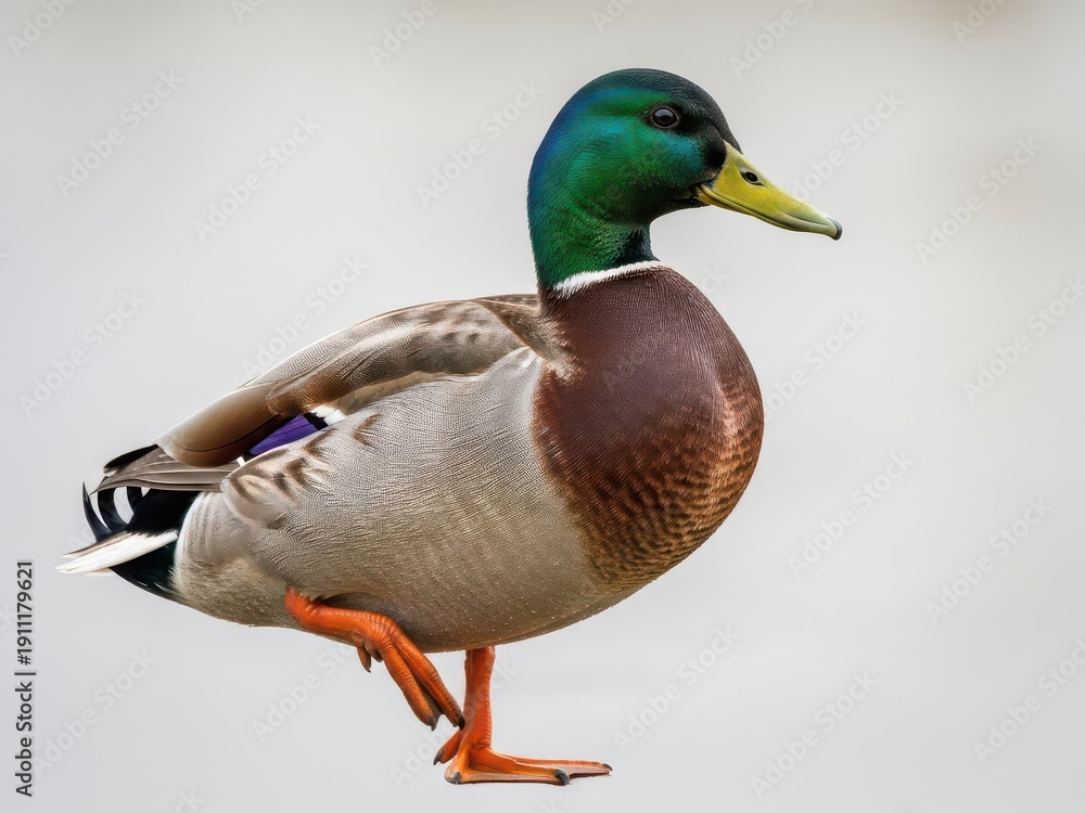 Obraz premium A male mallard duck standing on a gray surface