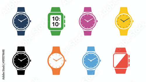 Collection of colorful watches isolated on white background featuring vibrant wristwatch designs, modern timepieces, and stylish accessories for fashion, retail, and lifestyle vector illustration proj