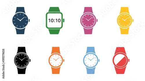 Collection of colorful watches isolated on white background featuring vibrant wristwatch designs, modern timepieces, and stylish accessories for fashion, retail, and lifestyle vector illustration proj