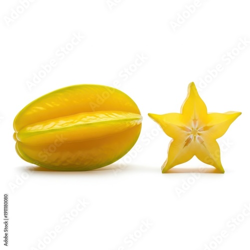 Starfruit and sliced starfruit on white background