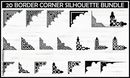Twenty border corner silhouette bundle for creative design projects isolated on white background, Vector