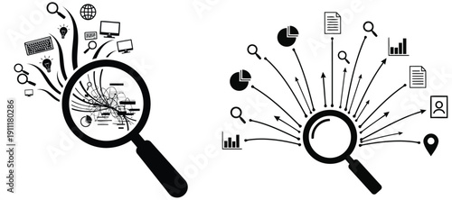 Vector magnifying glass silhouette icons for data analysis and search