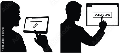 Vector silhouette of person using tablet and computer with silhouette