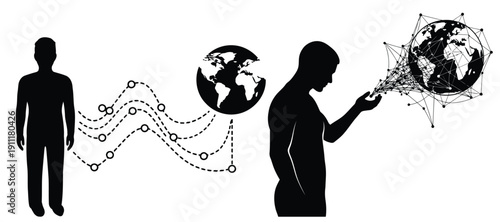 Vector silhouette illustration of person interacting with global network
