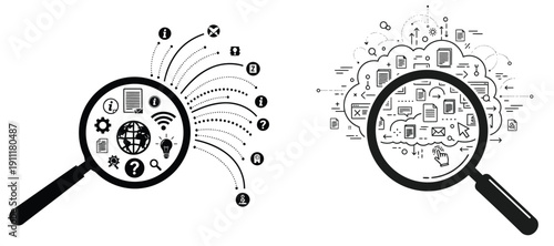 Vector silhouette magnifying glass icons for data analysis and search