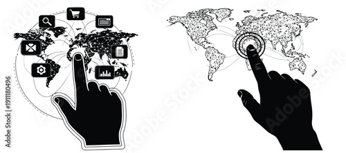 Vector silhouette of hand clicking on touchscreen interface icons