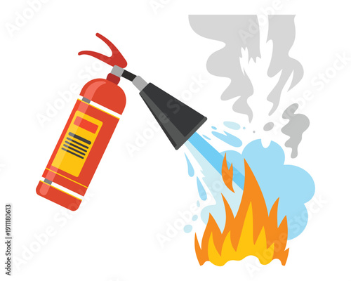Red Fire Extinguisher With Burning Flames, Firefighting Emergency Response Concept, Safety Protection Equipment Icon, Hazard Prevention And Rescue Symbol For Training Materials And Warning Posters.