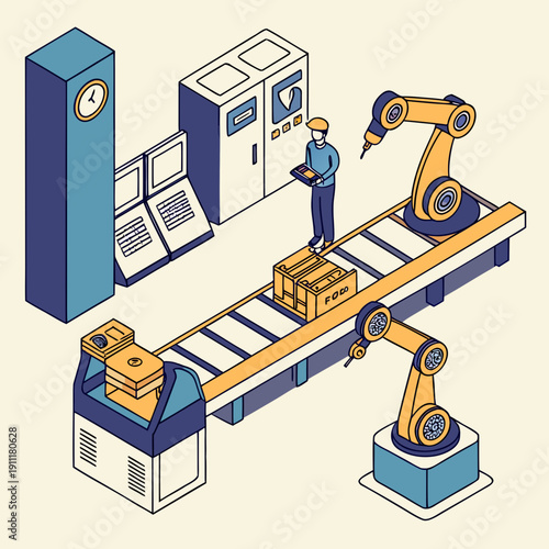Modern factory worker overseeing robotic assembly line production
