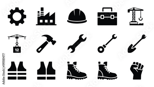 Black solid silhouettes of industrial and construction icons on white background
