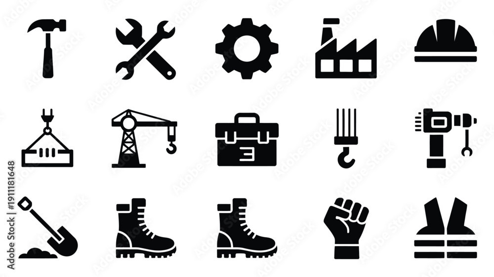 Fototapeta premium Black silhouette icons of labor day symbols tools and equipment on white background representing industry and work