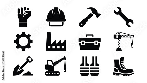 Labor day worker solidarity icons set including construction tools and industrial symbols in black silhouette on white background