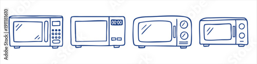 Set of four colorful hand-drawn microwave oven icons in black, red, and blue. Minimalist doodle style kitchen appliance illustrations on white.