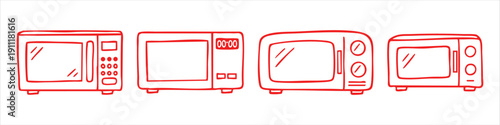 Set of four colorful hand-drawn microwave oven icons in black, red, and blue. Minimalist doodle style kitchen appliance illustrations on white.