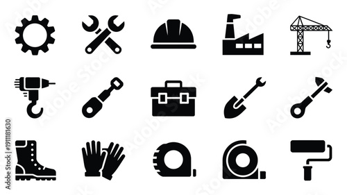 Construction tools and equipment silhouettes for labor day featuring various industrial icons and symbols