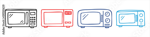 Set of four colorful hand-drawn microwave oven icons in black, red, and blue. Minimalist doodle style kitchen appliance illustrations on white.