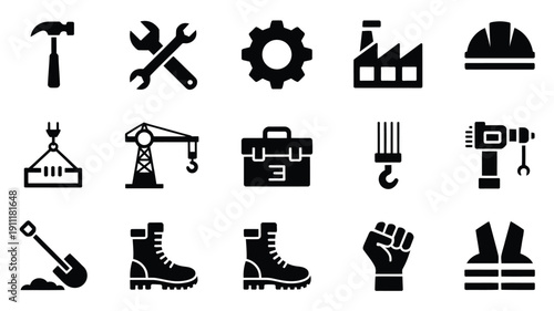Black silhouette icons of labor day symbols tools and equipment on white background representing industry and work