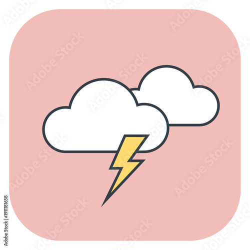 Weather icon with two clouds and a lightning bolt on a pink background. Hand drawn vector illustration
