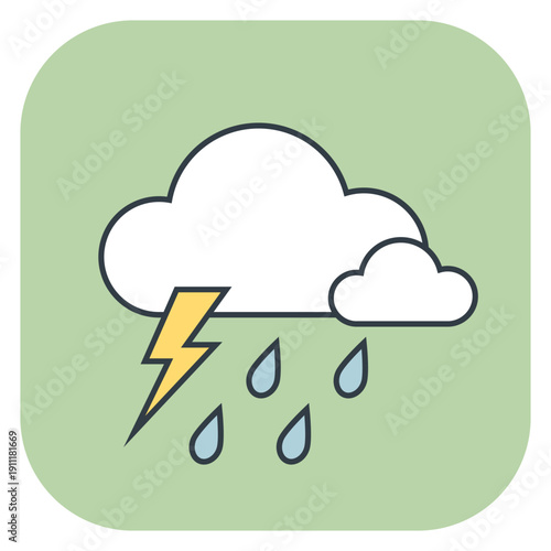 Weather icon with a storm cloud, lightning bolt, and raindrops on green background. Hand drawn vector illustration