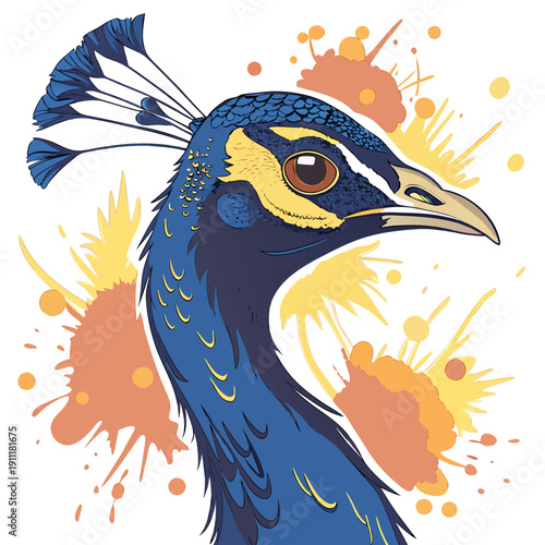Expressive watercolor peacock head portrait with blue feathers and orange yellow splashes.