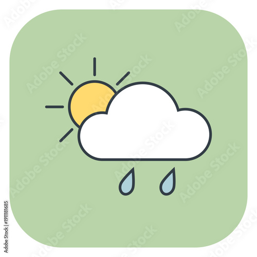 Weather icon with sun, cloud, and raindrops on a light green background. Hand drawn vector illustration
