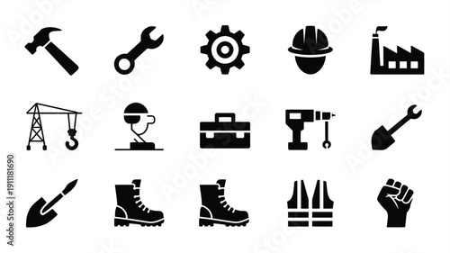 Black silhouettes of labor and industry icons including tools and protective gear on white background for business and construction concepts