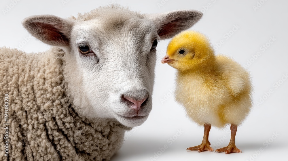 Fototapeta premium Easter lamb and yellow chick observe each other against a white background, featuring ultra HD detail and ample copy space for text or graphics