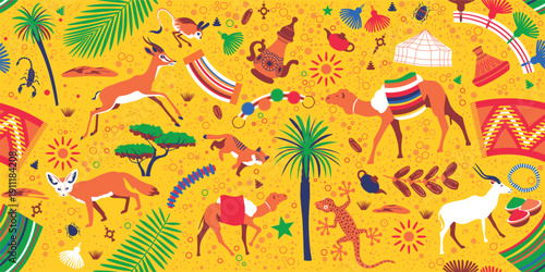A handmade seamless pattern with African desert animals: antelope, camel, fennec fox, lizard, traditional carpets, dishes, tent with palm trees and leaves. For create childish wallpaper, packaging.