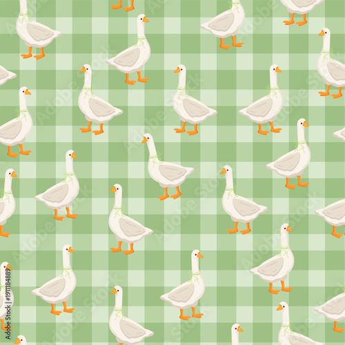 Goose Seamless Pattern on Green Gingham Background