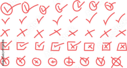 Check tick mark icon set. Cross box check mark checkbox list vector draw hand drawn sketch doodle brush marker checklist symbol wrong right circle. Vector Illustration