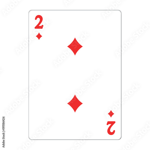 Two of diamonds. Playing card with golden elements. Casino icons. Pictograms representing different suits. Vector illustration. Flat design for modern visual elements.