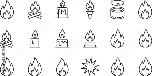 Fire flame icon set featuring campfire, torch, candle, and burning symbols in outline vector illustrations, isolated on white background, perfect for camping, adventure, and safety graphics.