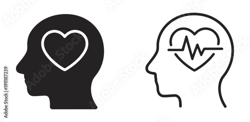 Human head profiles with heart icons, representing health, wellness, and medical concepts in clean vector illustrations for healthcare, mental health, and lifestyle graphics.