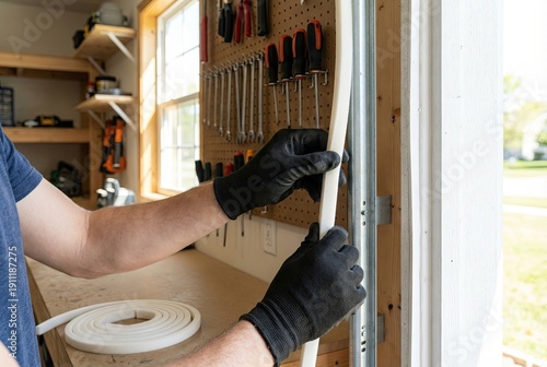 A person's hands in black gloves applying white foam weather stripping tape to a garage door frame in a workshop.