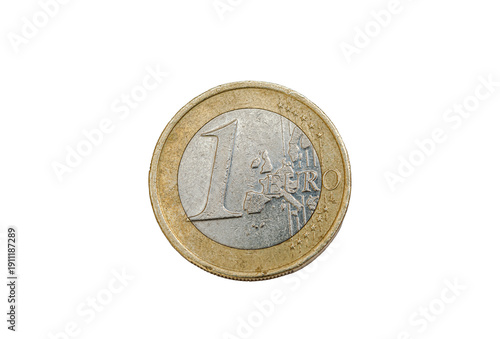 Reverse or tails side of a 1 euro coin, Overhead view showing the face value and European map design, directly above view isolated on a white background.