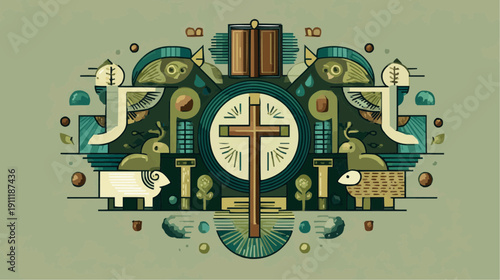Geometric Christian iconography with cross, dove, fish and lamb in a circular, symmetrical design.