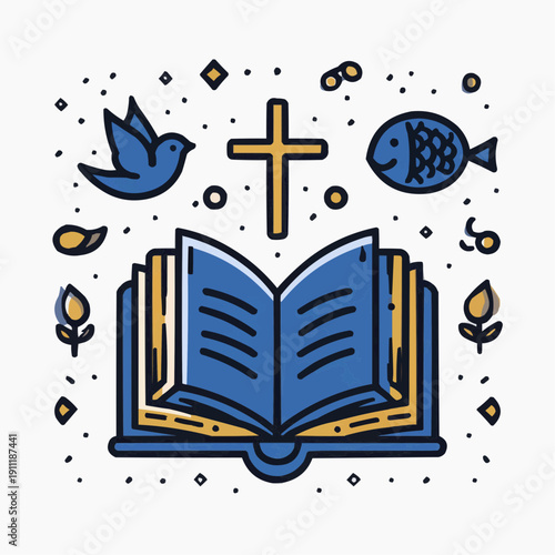 Christian symbols illustration with open Bible, cross, dove, and fish. Minimalist line art vector.